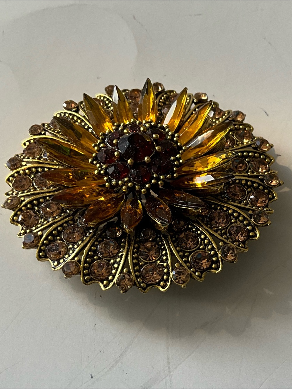 Flower Brooch Pin Gold Tone Amber Brown Rhinestone Marquise Prong 2.25 in